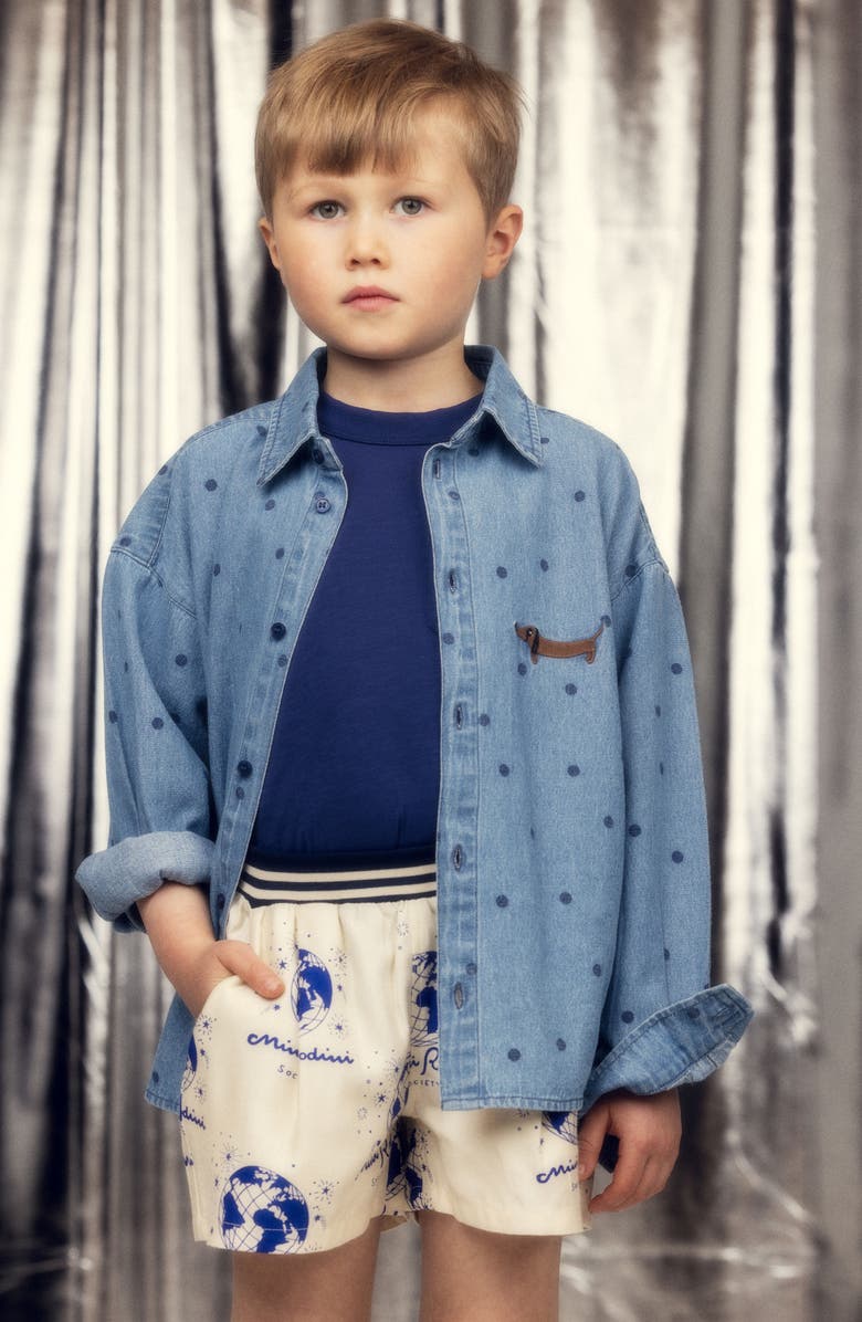 Mini Rodini Kids' Dot Print Denim Button-Up Shirt, Alternate, color, Blue