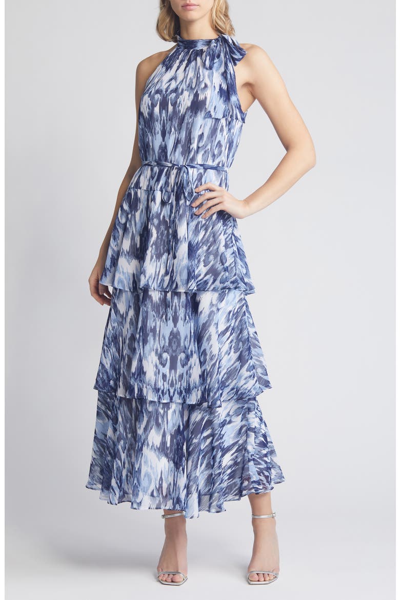 Tiered Tie Neck Maxi Dress, Main, color, BLUE MULTI