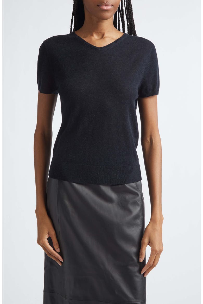 High V-Neck Short Sleeve Wool Sweater, Main, color, BLACK