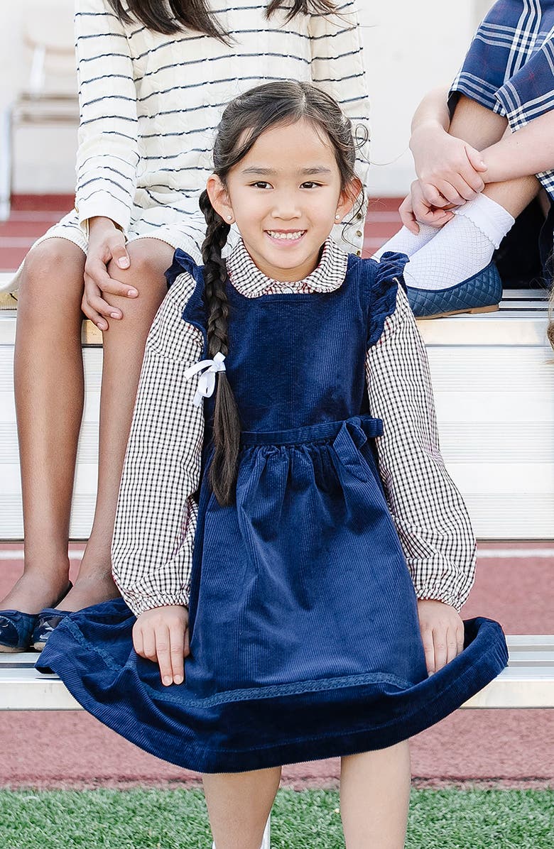 Hope & Henry Kids' Organic Corduroy Flutter Sleeve Jumper Dress, Alternate, color, Navy Fine Wale