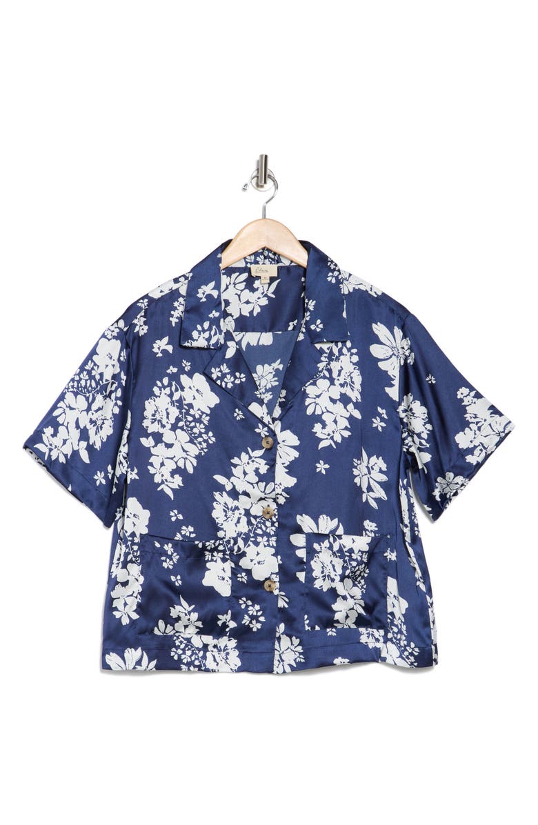 Elan Short Sleeve Satin Camp Shirt, Alternate, color, Navy Capri Print