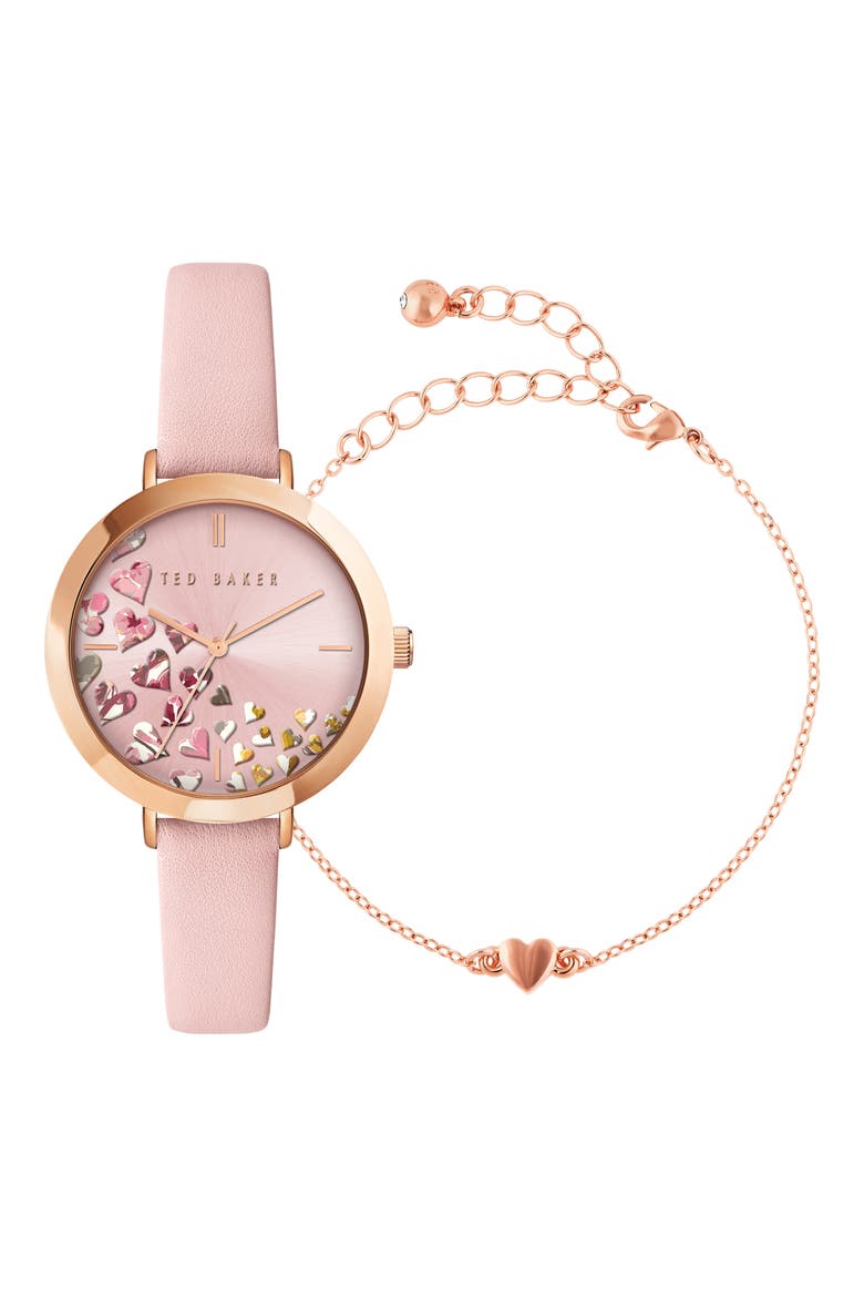 Ammy Hearts Leather Strap Watch & Bracelet Set, 34mm, Main, color, PINK