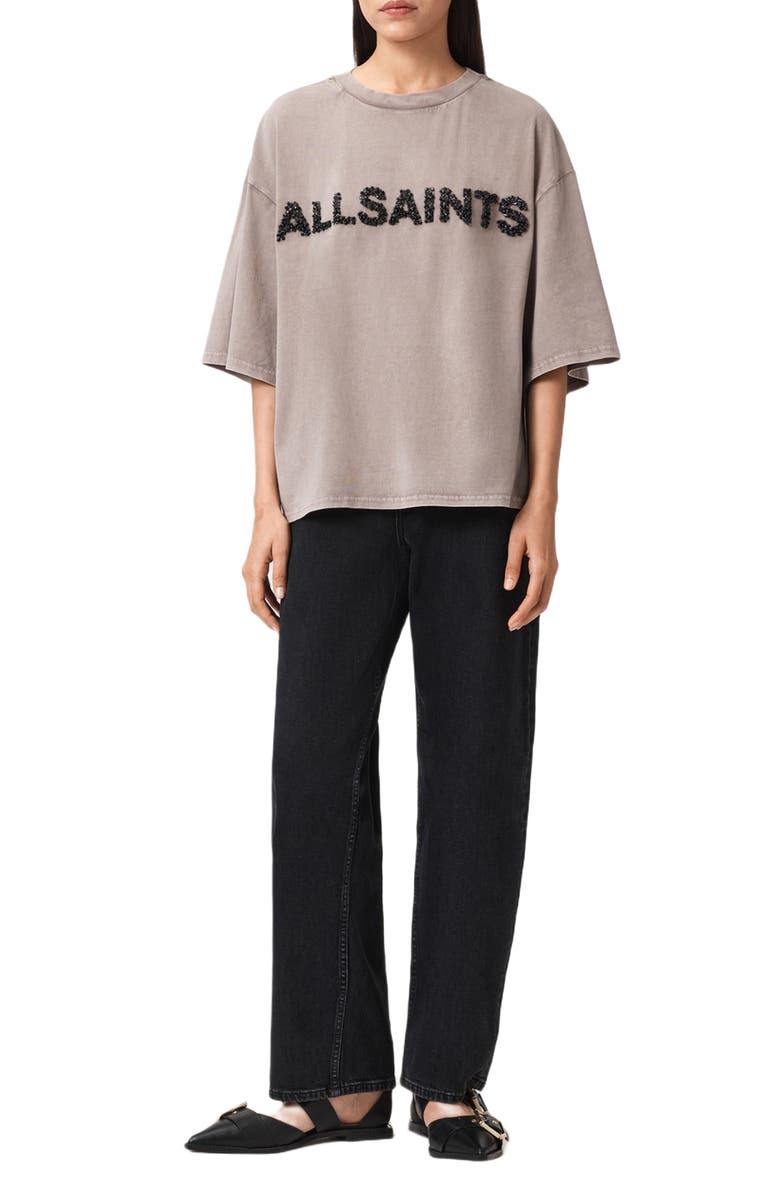 AllSaints Amelie Oversize Embellished Logo Cotton T-Shirt, Alternate, color, Stone Grey