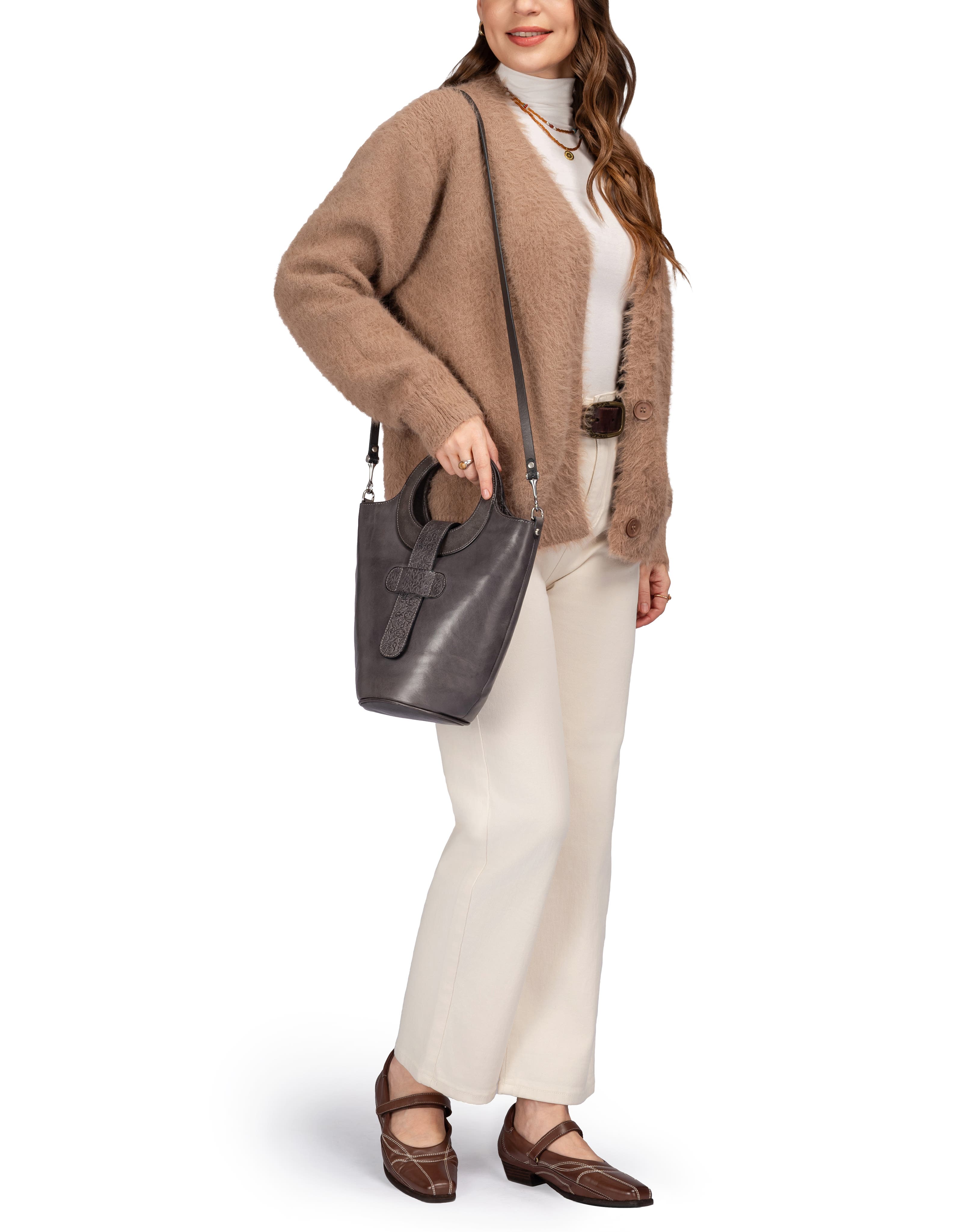 Lily Genuine Leather Structured Everyday Bucket Crossbody, Alternate, color, Grey