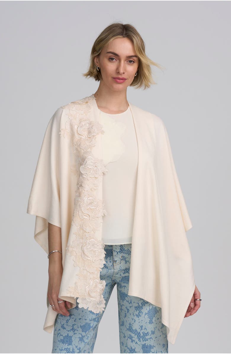 ELLE Collection Fine Gauge Draped Cardigan With Lace Applique, Main, color, Ivory