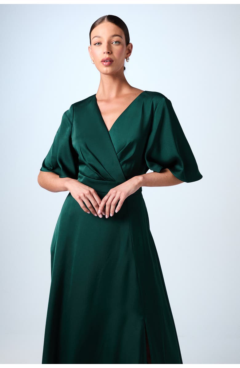 Coast Wrap Satin Maxi Bridesmaids Dress, Alternate, color, Emerald