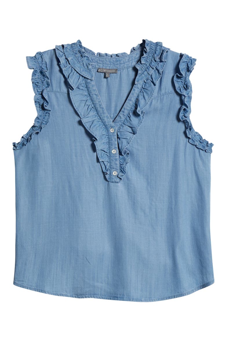 Ruffle Trim Sleeveless Chambray Top, Alternate, color, LIGHT BLUE