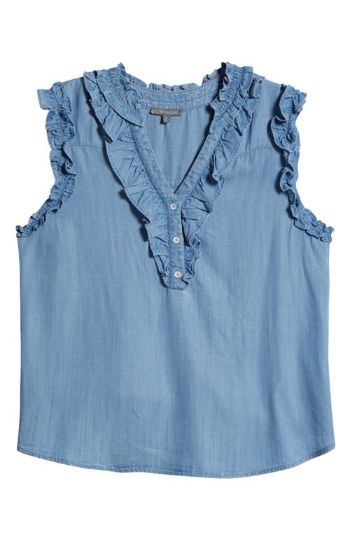 Wit & Wisdom Ruffle Trim Sleeveless Chambray Top In Blue