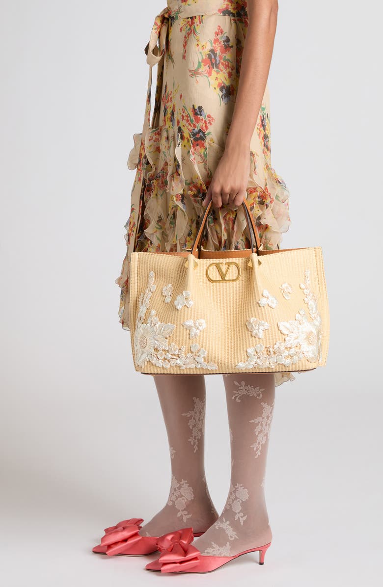 Valentino Garavani Medium VLOGO Signature Raffia Tote, Alternate, color, Natural