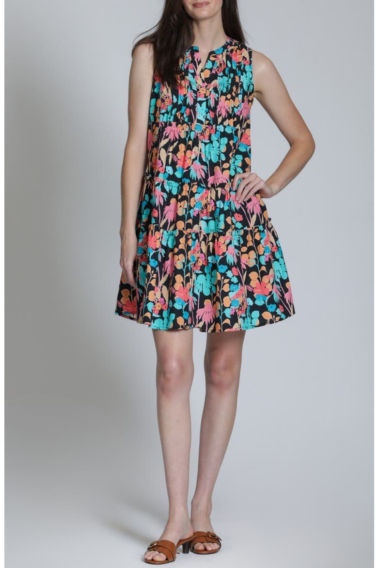 Pintuck Sleeveless Cotton Dress, Main, color, PINK TURQUOISE MULTI