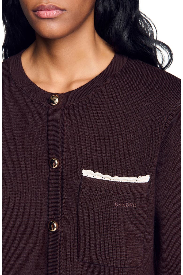Cardigan with contrast lace, Alternate, color, Brown