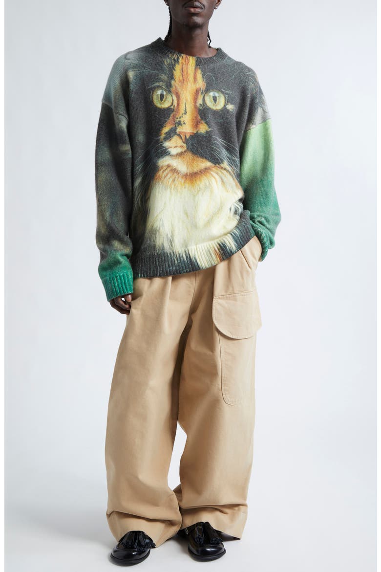 Cat Print Wool & Cashmere Blend Crewneck Sweater, Alternate, color, EMERALD