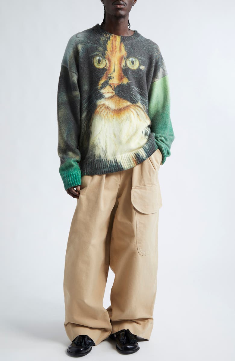 JW Anderson Cat Print Wool & Cashmere Blend Crewneck Sweater, Alternate, color,