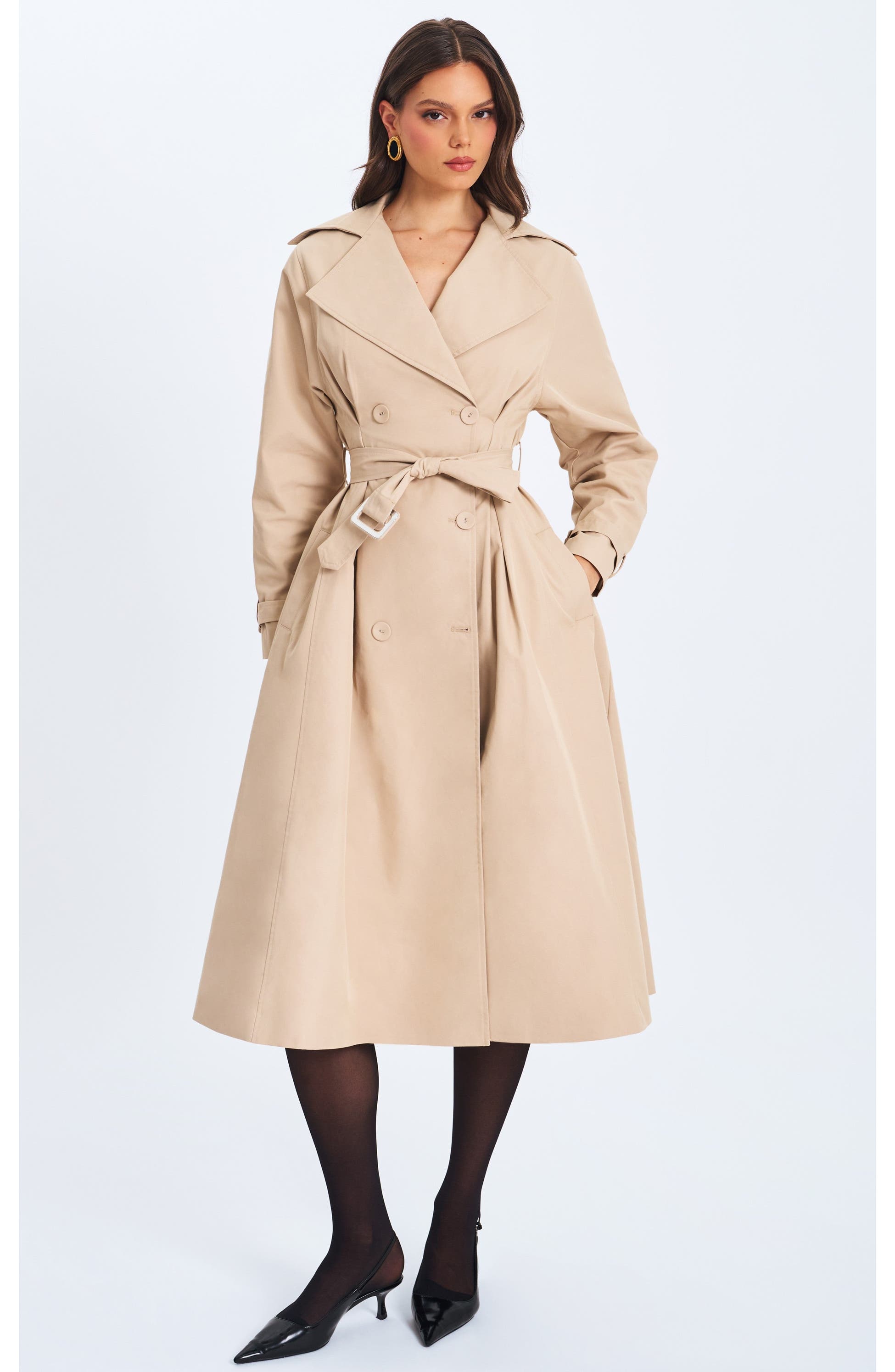 Miss Circle Ulila Double-Breasted Pleated Cotton-Blend Trench Coat, Main, color, Beige
