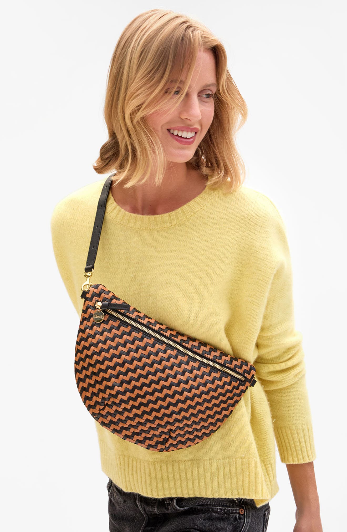 Clare V. Grande Woven Leather Belt Bag, Alternate, color, Black/ Natural