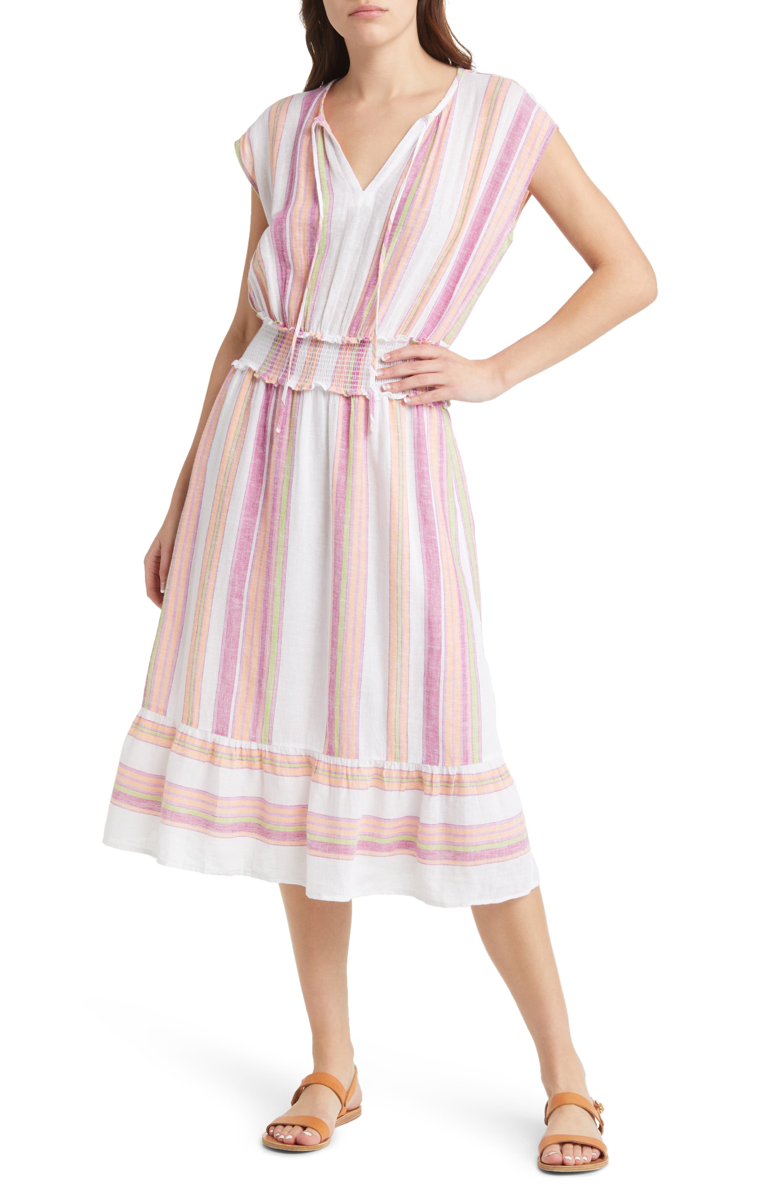 Rails Ashlyn Stripe Smocked Waist Linen Blend Dress