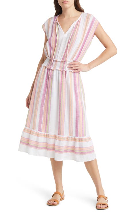 Ashlyn Stripe Smocked Waist Linen Blend Dress