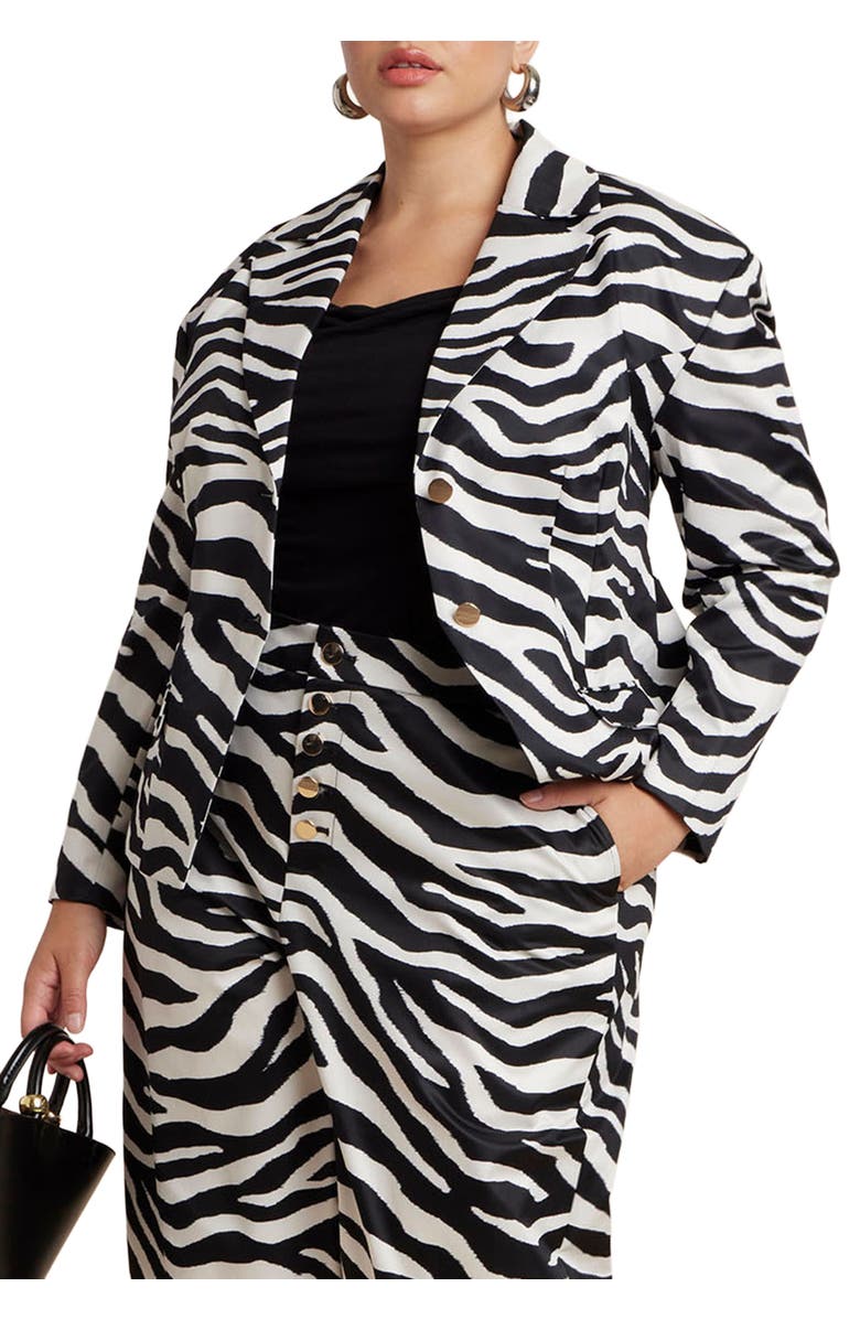 ELOQUII Nipped Waist Zebra Print Blazer, Main, color, Zebra Spotted