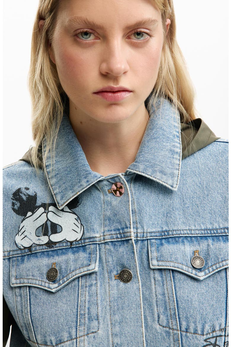 Mickey Mouse Embroidered Mixed Media Denim Hooded Jacket, Alternate, color, MEDIUM BLUE