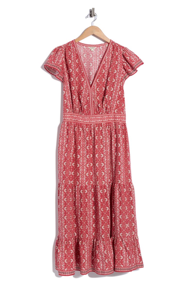 V-Neck Flutter Sleeve Maxi Dress, Alternate, color, RED/ CREAM DEMASK