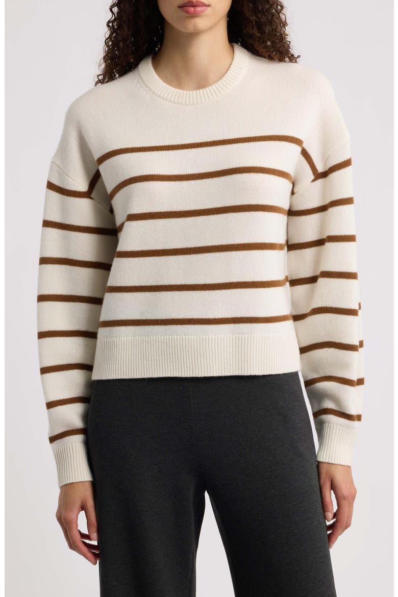 Stripe Cashmere Sweater, Main, color, IVORY/ DEEP ACACIA BROWN - 31K