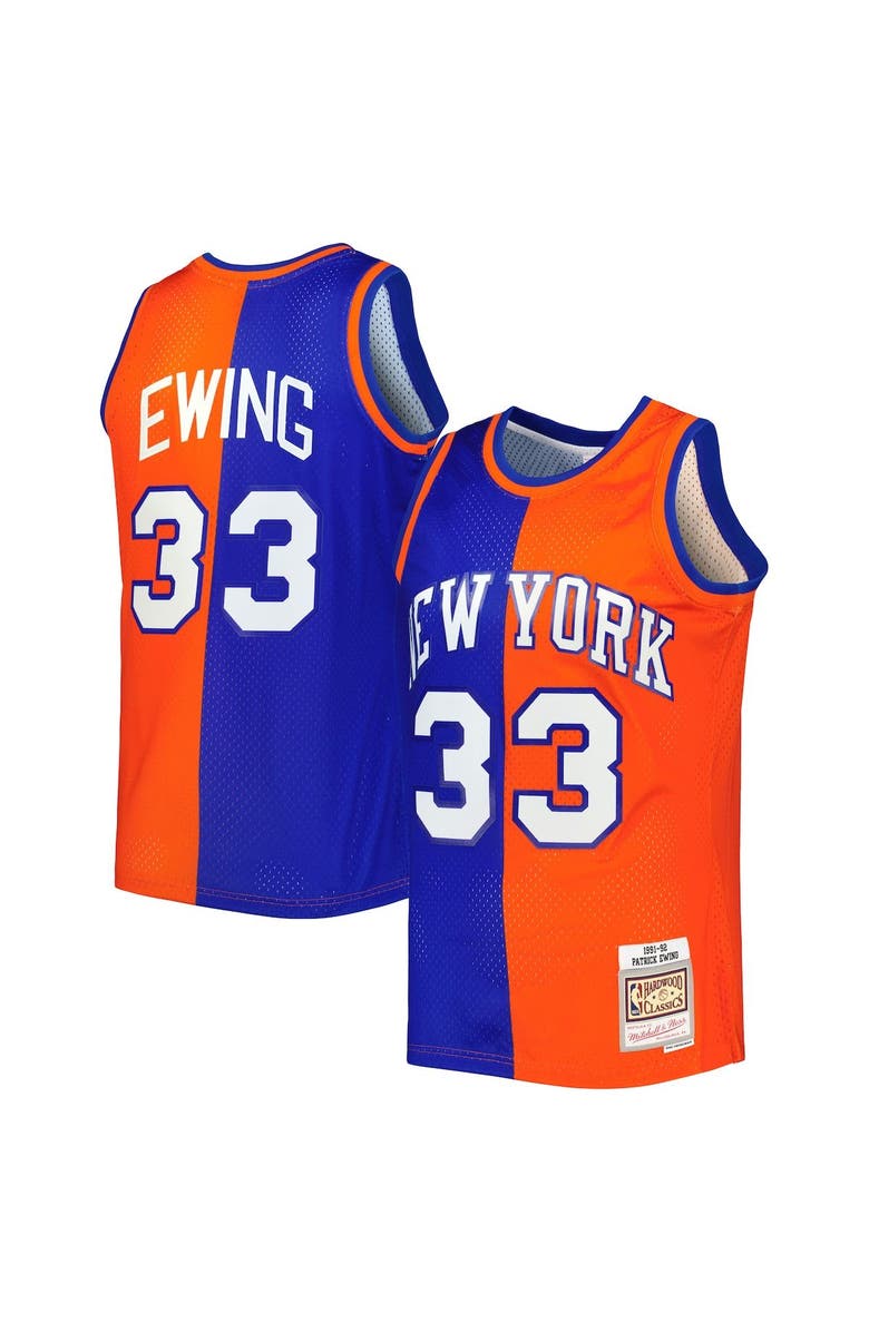 Mitchell & Ness Men's Mitchell & Ness Patrick Ewing Blue/Orange New York Knicks Hardwood Classics 1991/92 Split Swingman Jersey, Alternate, color, 