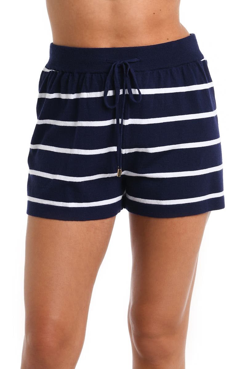 La Blanca Yacht Stripe Cover-Up Shorts, Alternate, color, Indigo