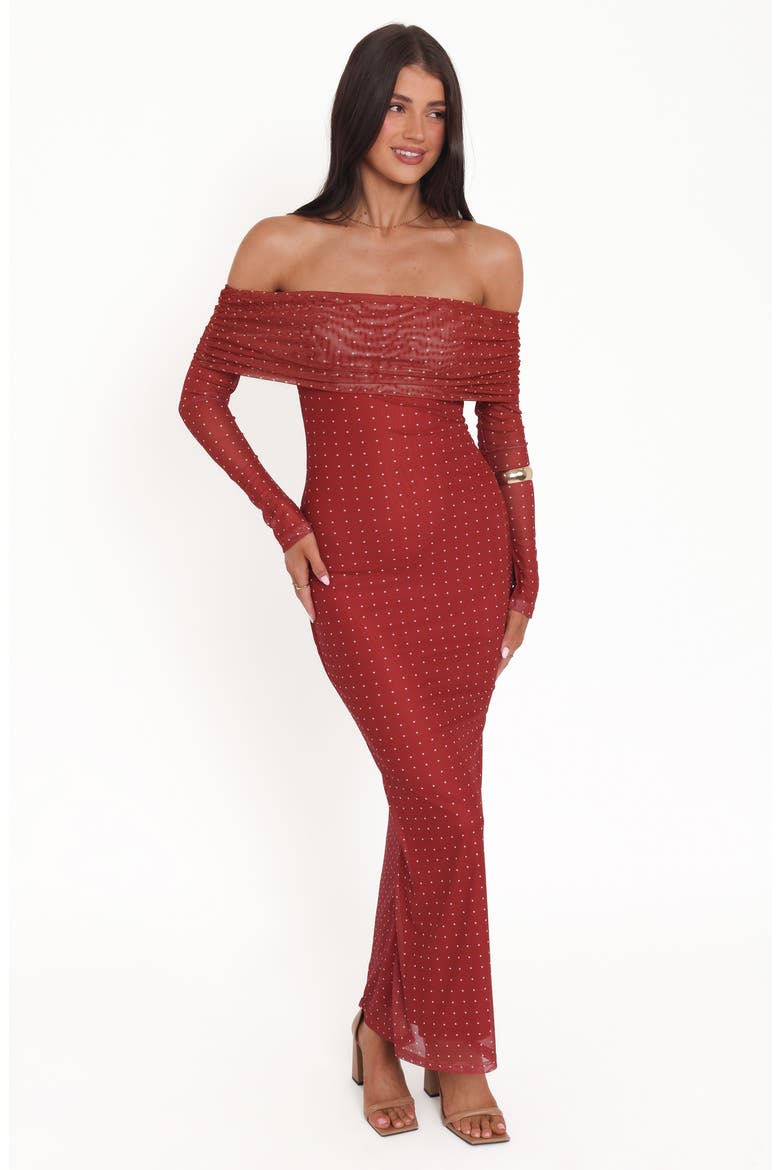 Zeva Off the Shoulder Long Sleeve Mesh Maxi Dress, Alternate, color, BURGUNDY SPOT