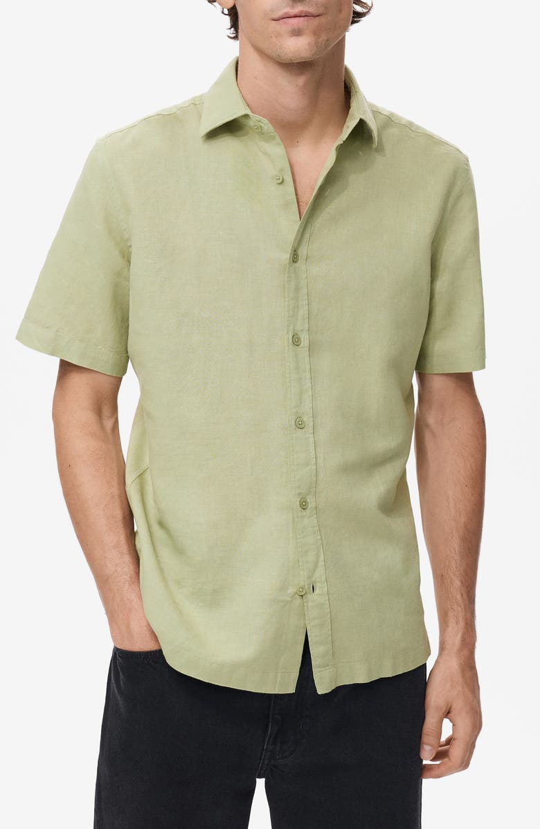 MANGO Short Sleeve Linen & Cotton Button-Up Shirt, Main, color, Green Apple