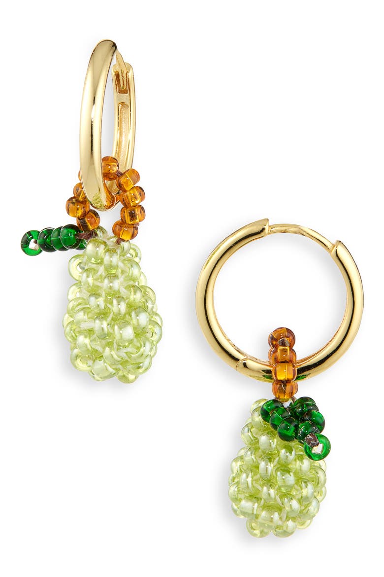 Beaded Charm Drop Hoop Earrings, Main, color, GREEN / BROWN