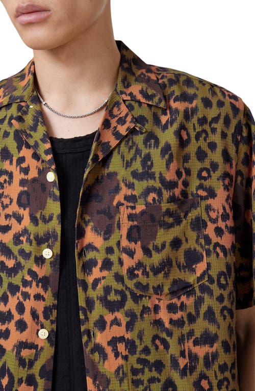 Allsaints Styx Leopard Print Ripstop Camp Shirt In Green