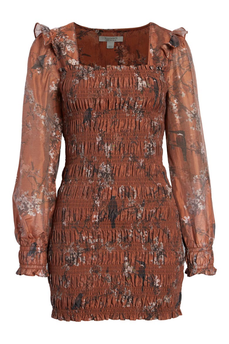 Pria Viola Shirred Ruffle Long Sleeve Dress, Alternate, color, CONKER BROWN