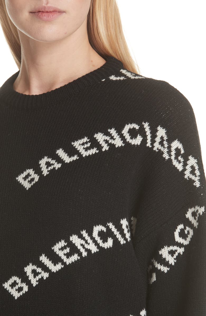 Balenciaga Logo Knit Wool Blend Sweater, Alternate, color, Black/ White
