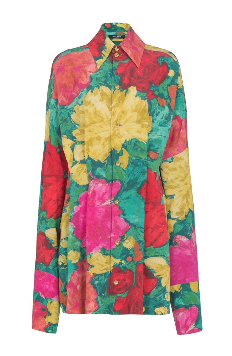 Balmain Crepe shirt dress with roses print, Alternate, color, Multicolor