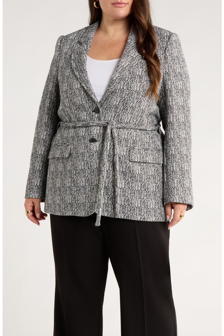 The Liv Belted Textured Boyfriend Blazer, Main, color, BLACK IVORY HERRINGBONE