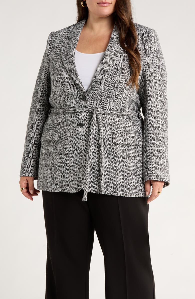 Nordstrom The Liv Belted Textured Boyfriend Blazer, Main, color, Black Ivory Herringbone