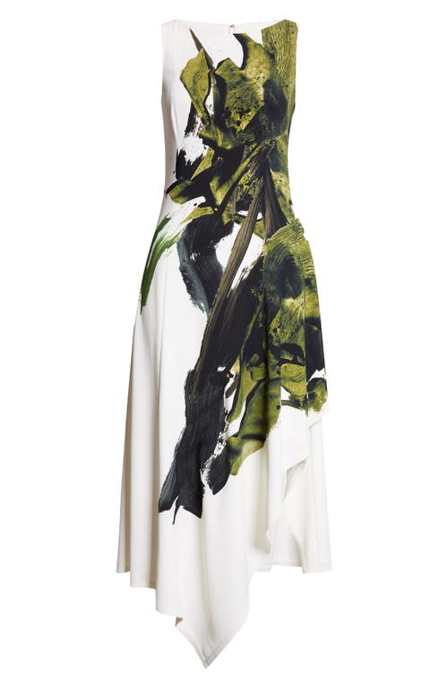 Jason Wu Collection Brushstroke Boatneck Fit-flare Crepe Dress In Chalk/olive Multi