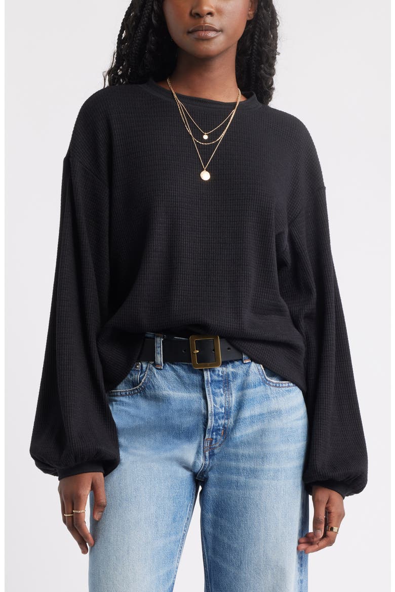 Blouson Sleeve Waffle Knit Top, Main, color, BLACK
