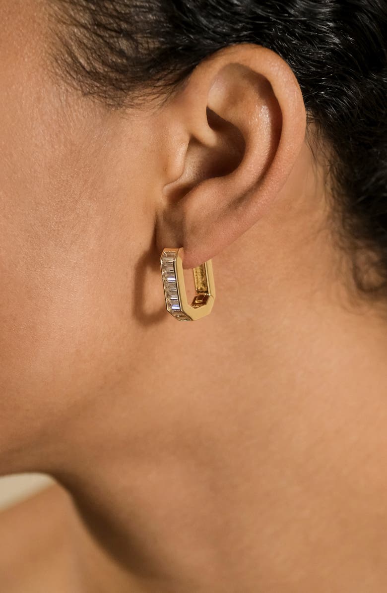 Sterling Forever CZ Pavé Geometric Hoop Earrings, Alternate, color, Gold