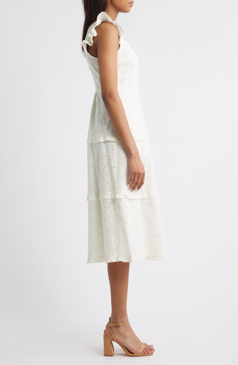 Anne Klein Embroidered Eyelet Cotton Tiered Midi Dress, Alternate, color, Pearl White