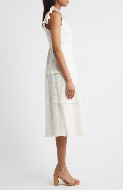 Anne Klein Embroidered Eyelet Cotton Tiered Midi Dress In Pearl White