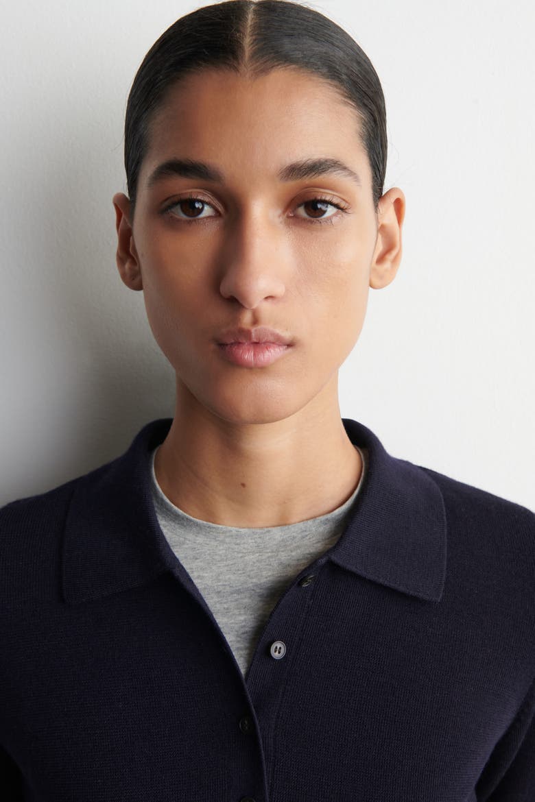 Cropped-sleeve Merino Wool Polo Shirt, Alternate, color, NAVY