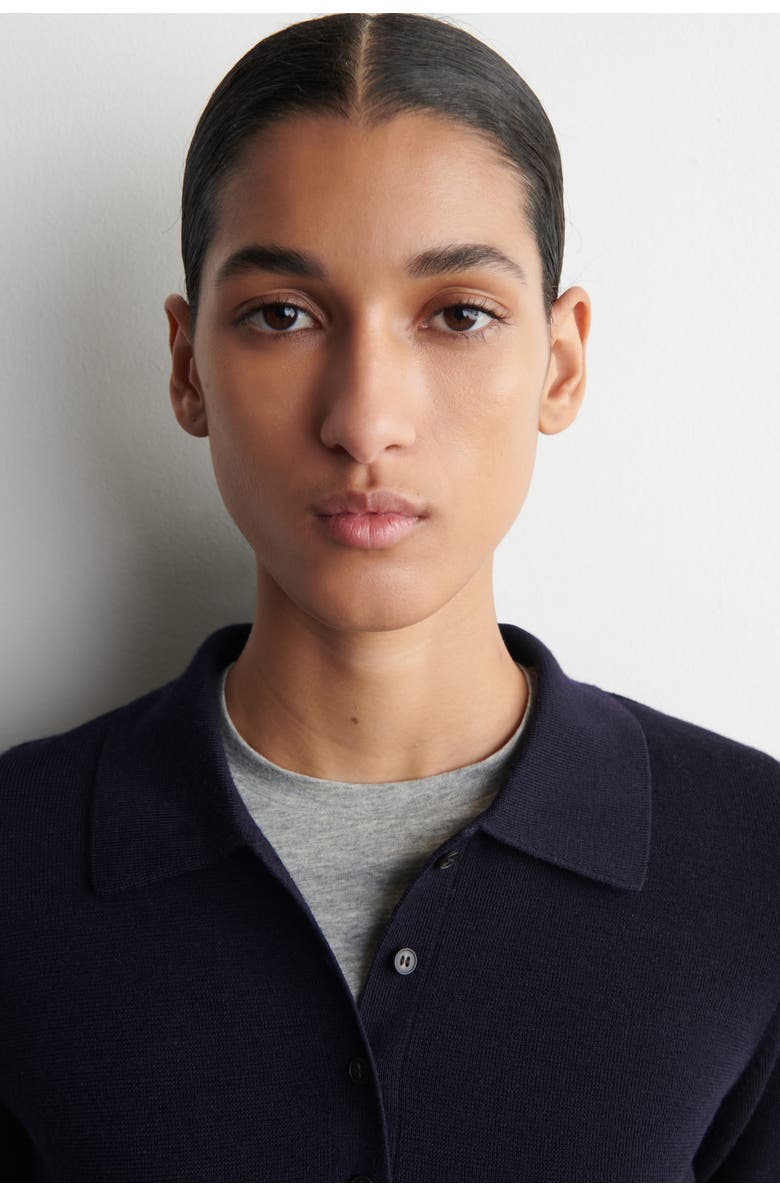COS Cropped-sleeve Merino Wool Polo Shirt, Alternate, color, Navy