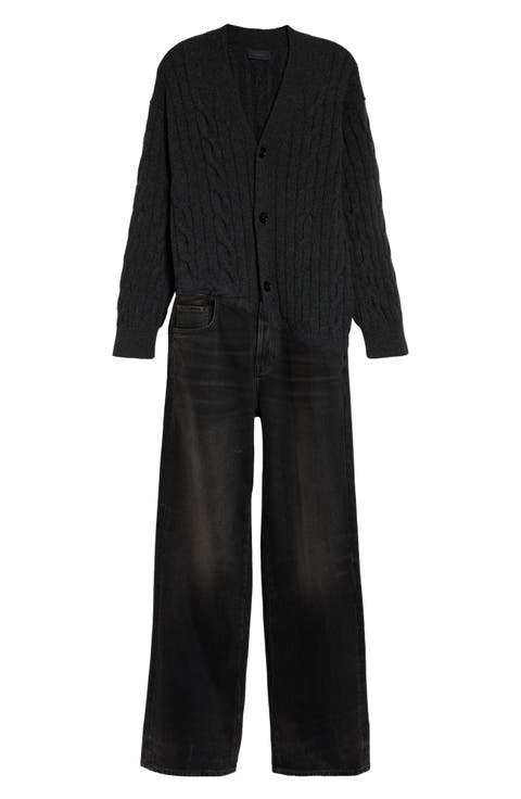 Janice Merino Wool Cardigan & Distressed Slim Straight Leg Jeans Jumpsuit