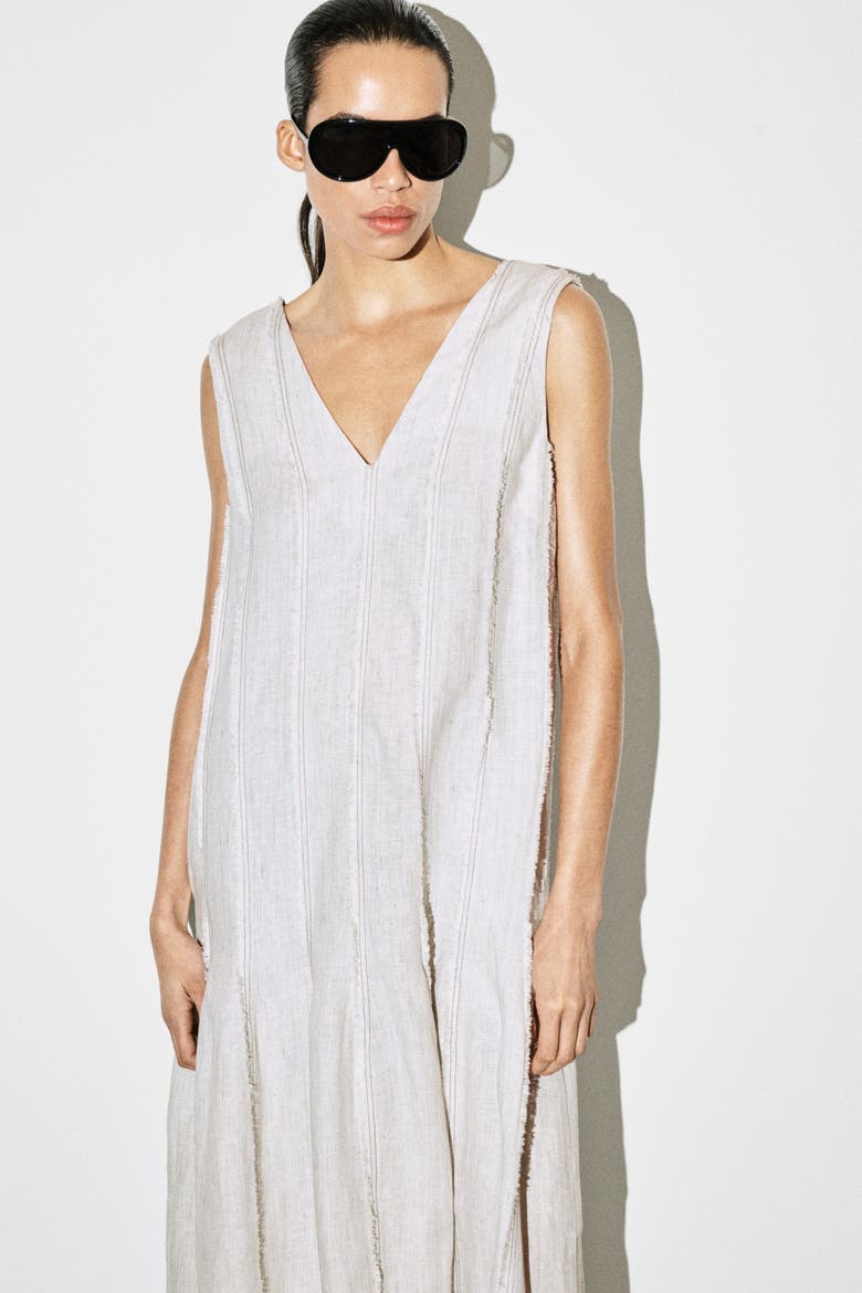 Sculpted Pleated Linen Midi Dress, Alternate, color, LIGHT GRAY