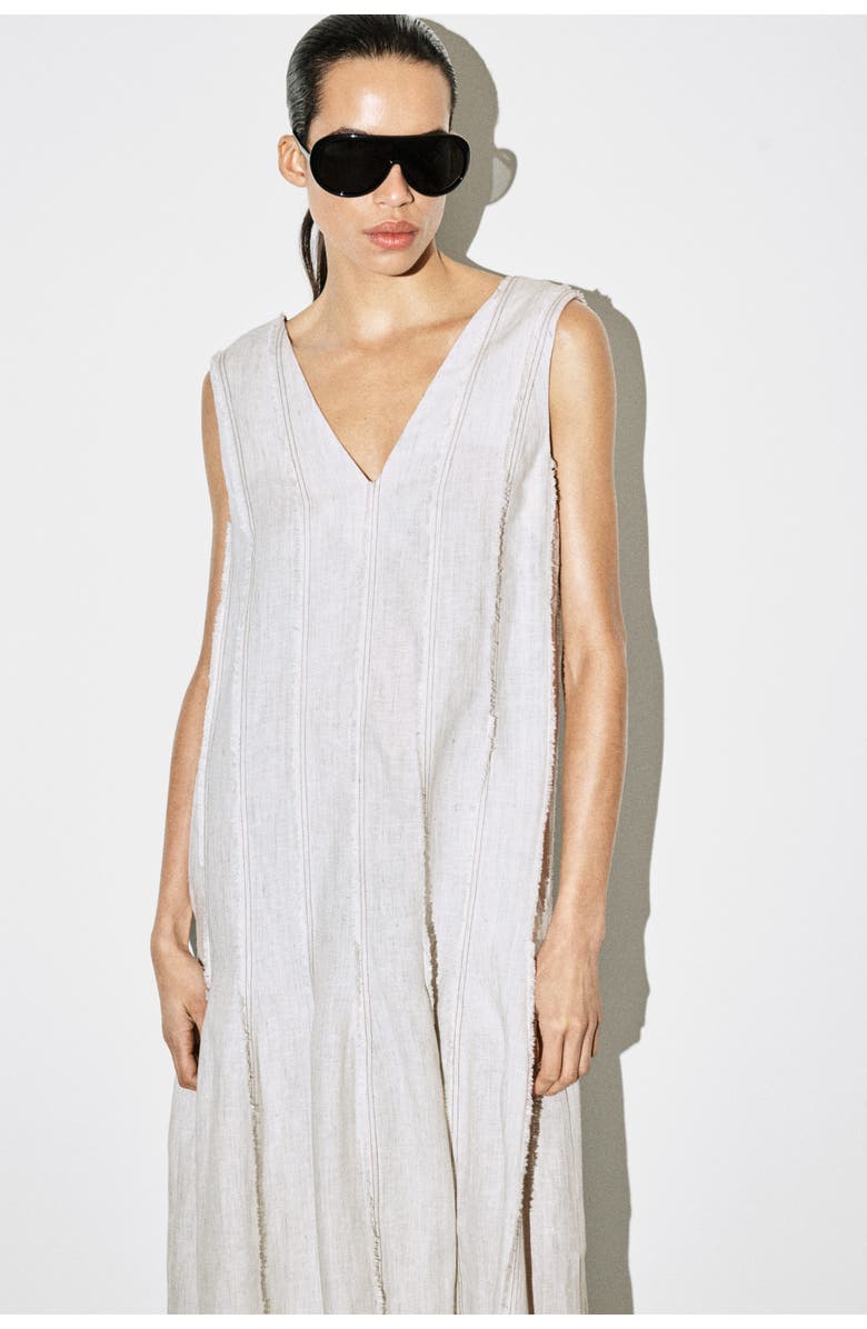 COS Sculpted Pleated Linen Midi Dress, Alternate, color, Light Gray