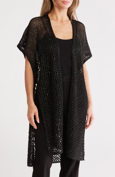 Sequin Embellished Open Knit Short Sleeve Duster