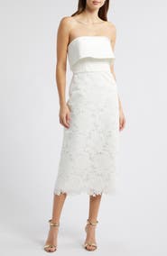 Amsale Strapless Lace Midi A-Line Dress