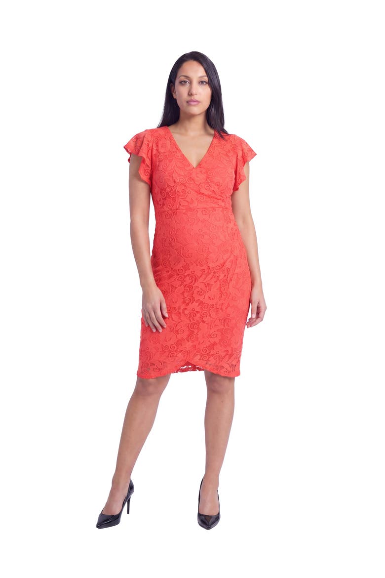 Maternity Elevate Lace V-Neck Flutter Sleeve Faux Wrap Midi Dress, Main, color, Coral
