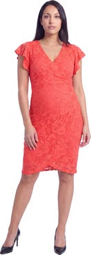 24seven Comfort Apparel Maternity Elevate Lace V-Neck Flutter Sleeve Faux Wrap Midi Dress